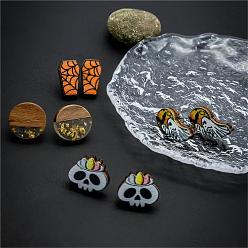 Mixed Color Halloween Tombstone Ghost Skull Wood Stud Earring Sets, Resin & Wood Flat Round Ear Studs for Women, Mixed Color, 14~19x9~15mm, 4pairs/set