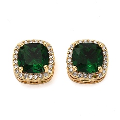 Dark Green Brass Micro Pave Cubic Zirconia Beads, Real 18K Gold Plated, Square, Dark Green, 11x11x7.5mm, Hole: 2mm