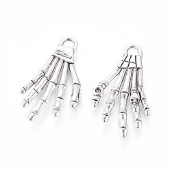 Antique Silver Tibetan Style Alloy Pendants, Hand Skull for Halloween, Cadmium Free & Nickel Free & Lead Free, Antique Silver, 36x19x2mm, Hole: 3mm