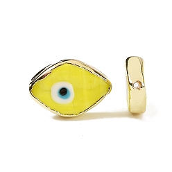Yellow Handmade Lampwork Beads, with Golden Plated Brass Findings, Cadmium Free & Lead Free, Horse Eye with Evil Eye, Yellow, 14x20x4.5mm, Hole: 1.4mm