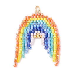 Colorful MIYUKI Glass Seed Beads, Loom Pattern, with Brass Finding, Rainbow Pendants, Colorful, 37x25x2mm, Hole: 3x2mm
