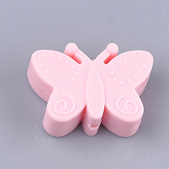 Pink Food Grade Eco-Friendly Silicone Focal Beads, Chewing Beads For Teethers, DIY Nursing Necklaces Making, Butterfly, Pink, 20.5x30x11mm, Hole: 2mm