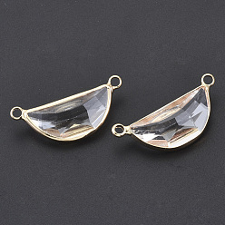 Clear Glass Links Connectors, with Light Gold Plated Brass, Faceted, Moon, Clear, 29x13~14x7mm, Hole: 2mm