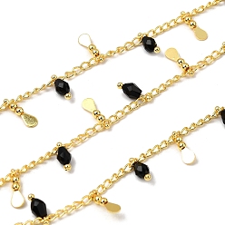 Черный Латунь бордюр цепи, со стеклом, стойки покрытие, долговечный, без свинца и без кадмия, со слезами на глазах, реальный 18 k позолоченный, пайки, с катушкой, чёрные, 3x2x0.5 мм и 9.5x3x2 мм и 8.5x3.5 мм