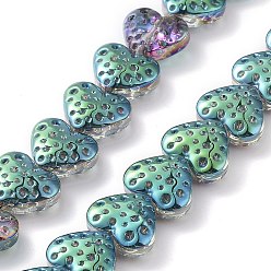 Teal Electroplate Transparent Glass Beads Strands, Heart, Teal, 13x15mm, Hole: 1.2mm, about 50pcs/strand, 25.59''(65cm)