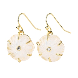 Хрусталь Серьги-подвески из натурального кварца с цветком, с прозрачным кубическим цирконием и латунной фурнитурой, золотые, стойки покрытие, 25x16.5 мм