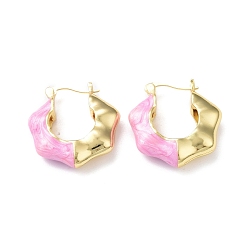 Бледно-Розовый Серьги-кольца с эмалевыми цветами, настоящие позолоченные украшения из латуни для женщин, без свинца и без кадмия, розовый жемчуг, 18 мм, штифты : 25x24x6 мм