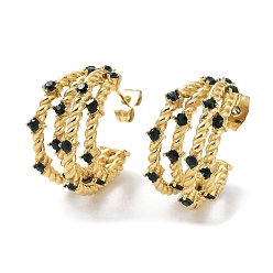 Emerald Real 18K Gold Plated 304 Stainless Steel Stud Earrings with Rhinestone, Split Earrings, Half Hoop Earrings, Emerald, 22x10.5mm