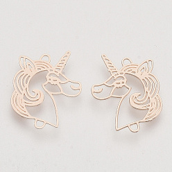 Rose Gold Brass Links connectors, Etched Metal Embellishments, Long-Lasting Plated, Unicorn, Rose Gold, 17.5x13.5x0.3mm, Hole: 1mm