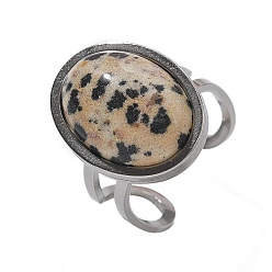 Далматинских Джаспер Овальные кольца из натуральной далматинской яшмы, 304 открытые манжеты из нержавеющей стали для женщин, овальный : 21.5x16.5 mm, внутренний диаметр: регулируемый