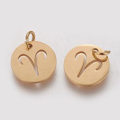 Aries 304 Stainless Steel Charms, Flat Round with Constellation/Zodiac Sign, Golden, Aries, 12x1mm, Hole: 3mm
