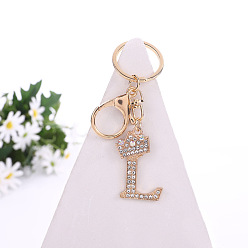 Letter L Crystal Rhinestone Initial Letter with Crown Pendant Keychains, with Light Gold Alloy Findings, Letter.L, 10~10.5cm, alphabet: 40~46x20~45mm