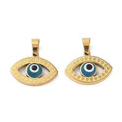 Real 18K Gold Plated Ion Plating(IP) 304 Stainless Steel Pendants, with Glass, Evil Eye, Deep Sky Blue, Real 18K Gold Plated, 16x21.5x3mm, Hole: 7x3mm