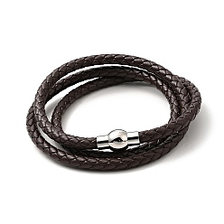 Coconut Brown Leather Braided Three Loops Wrap Bracelet with 304 Stainless Steel Clasp for Men Women, Coconut Brown, 24-1/4 inch(61.5cm)