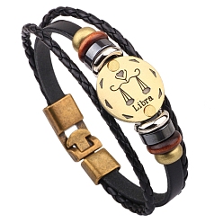 Libra Braided Cowhide Cord Multi-Strand Bracelets, Constellation Bracelet for Men, with Wood Bead & Alloy Clasp, Libra, 8-1/4 inch(21cm)