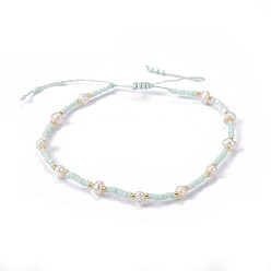 Azur Nylon ajustable pulseras de cuentas trenzado del cordón, con cuentas de semillas japonesas y perlas, azur, 1-3/4 pulgada ~ 2-3/4 pulgada (4.6~7 cm)