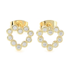 Golden Brass Micro Pave Cubic Zirconia Stud Earrings, Heart Jewelry for Women, Golden, 9x10mm