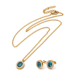 Golden Dark Cyan Cuibc Zirconia Oval Stud Earring & Pendant Nacklace with Crystal Rhinestone, Vacuum Plating 304 Stainless Steel Jewelry Set for Women, Golden, Necklace: 453mm, Earring: 12x10mm, Pin: 0.8mm