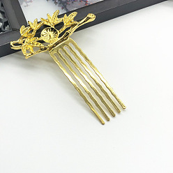 Golden Alloy Hair Comb Finding, Flat Round Cabochon & Enamel Settings, with Iron Comb, Flower, Golden, 68x50mm