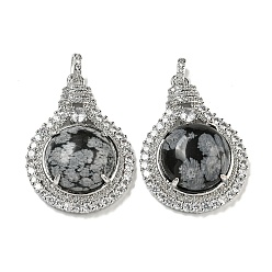 Снежный Обсидиан Натуральный обсидиан-снежинка с подвесками из прозрачного кубического циркония, подвески для лампочек со стойкой, латунные фурнитуры, платина, без кадмия и без свинца, 35x25x8.8~9.6 мм, отверстие : 2.8x3.9 мм