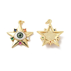 Dark Sea Green Brass Micro Pave Colorful Cubic Zirconia Pendants, with Resin, Real 18K Gold Plated, Star with Evil Eye, Dark Sea Green, 32x29.5x7mm, Jump Ring: 6x1mm, Inner Diameter: 4mm
