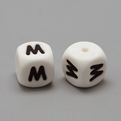 Letter M Food Grade Eco-Friendly Silicone Beads, Chewing Beads For Teethers, DIY Nursing Necklaces Making, Letter Style, Cube, Letter.M/W, 12x12x12mm, Hole: 2mm
