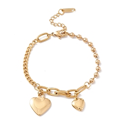 Golden Vacuum Plating Double Heart Charms Bracelet with 304 Stainless Steel Chains for Women, Golden, 6-7/8 inch(17.4cm)