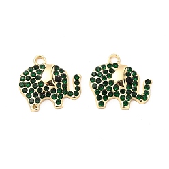 Emerald Alloy Rhinestone Pendants, Golden Tone Elephant Charms, Emerald, 17x18.5x3mm, Hole: 2mm