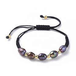 Black Braided Bead Bracelets, with Natural Cultured Freshwater Pearl Beads, Brass Beads and Nylon Thread, Black, 1-1/8 inch~2-7/8 inch(3~7.8cm)