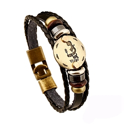 Virgo Cowhide & PU Leather Triple Layer Multi-strand Bracelet, Constellation Alloy & Wood Beaded Gothic Bracelet, Virgo, 8-7/8 inch(22.5cm)