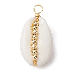 White Natural Cowrie Shell Copper Wire Wrapped Pendants, Shell Charms with Golden Tone Brass Spacer Beads, White, 25.5x13.5x8mm, Hole: 2.8mm