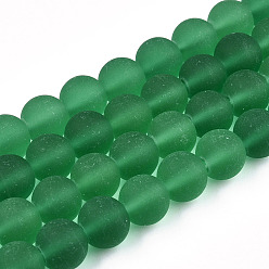Sea Green Transparent Glass Beads Strands, Frosted, Round, Sea Green, 9.5~10mm, Hole: 1.5mm, about 41~42pcs/strand, 14.88~15.12 inch(37.8~38.4cm)