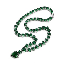 Платина Женские латунные подвески в форме сердца из зеленого кубического циркония, платина, 14.88 дюйм (37.8 см)