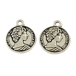 Antique Silver Feng Shui Tibetan Style Zinc Alloy Coin Pendants, Flat Round Carved Queen Elizabeth II, Cadmium Free & Lead Free, Antique Silver, 19.7x16x2.5mm, Hole: 2mm, about 294pcs/500g