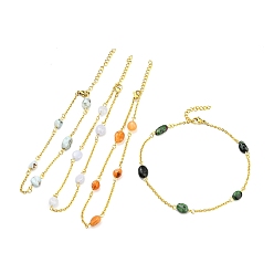 Mixed Stone Natural Mixed Gemstone Nuggets Beaded Anklet with Vacuum Plating 304 Stainless Steel Chains, 8-1/8~10 inch(20.6~25.4cm)