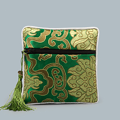 Dark Green Chinese Style Square Cloth Zipper Pouches, with Random Color Tassels and Auspicious Clouds Pattern, Dark Green, 12~13x12~13cm