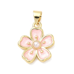 Розовый Латунь эмаль подвески, , с пластмассовой жемчужиной abs, долговечный, стойки покрытие, без свинца и без кадмия, реальный 18 k позолоченный, туманная роза, 17x15x3.5 мм, отверстие : 5x3 мм