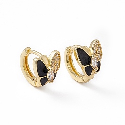 Black Clear Cubic Zirconia Butterfly Hoop Earrings with Enamel, Real 18K Gold Plated Brass Jewelry for Women, Lead Free & Cadmium Free, Black, 11.5x13x10mm, Pin: 1mm