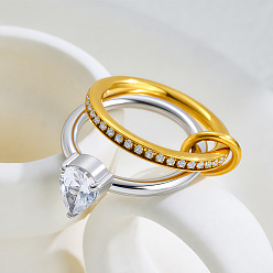 Teardrop 304 Кольца из нержавеющей стали с прозрачным кубическим цирконием, штабелируемые кольца, золотые и нержавеющая сталь цвет, слеза, размер США 7 (17.3 мм)