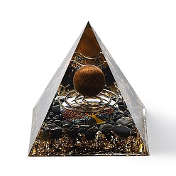 Œil De Tigre Générateurs d'énergie de résine de pyramide d'orgonite, Reiki œil de tigre naturel et puces d'obsidienne à l'intérieur pour la décoration de bureau à domicile, 60x60x59mm