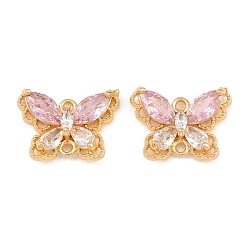 Pink Brass Pave Cubic Zirconia Connector Charms, Butterfly Links, Real 18K Gold Plated, Faceted, Pink, 12x17x5mm, Hole: 1.4mm