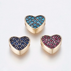 Mixed Color Brass Micro Pave Cubic Zirconia Beads, Long-Lasting Plated, Lead Free & Cadmium Free, Heart, Mixed Color, 9x10x4mm, Hole: 1.5mm