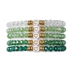 Light Green 5Pcs Glass & Brass & Acrylic Beaded Stretch Bracelets Set, Heart Stackable Bracelets, Light Green, Inner Diameter: 2-1/8 inch(5.4cm)