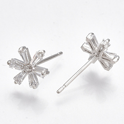 Real Platinum Plated Brass Cubic Zirconia Stud Earrings, Flower, Clear, Real Platinum Plated, 9x8mm, Pin: 0.7mm