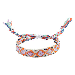 Orange Rhombus Polyester Braided Cord Bracelet, Ethnic Tribal Adjustable Bohemia Bracelet, Orange, 7-1/8 inch(18cm)