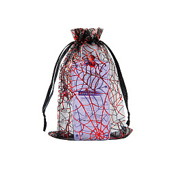 Black Halloween Theme Rectangle Printed Organza Drawstring Bags, Red Spider Web Pattern, Black, 15x10cm