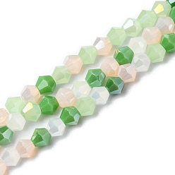 Green Electroplate Glass Beads Strands, Opaque & Transparent & AB Color Plated, Faceted, Bicone, Green, 4x4.5mm, Hole: 0.9mm, about 94~95pcs/strand, 13.86''(35.2cm)