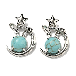 Бирюза Синтетические бирюзовые подвески, Подвески в виде кролика со стойкой из латуни, луны и звезды, платина, без кадмия и без свинца, 27.5x18x9 мм, отверстие : 6x2.5 мм