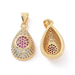 Hot Pink Brass Micro Pave Cubic Zirconia Pendants, Real 18K Gold Plated, Teardrop with Flat Round Pattern Charm, Hot Pink, 19.5x11x7mm, Hole: 3.5x4mm
