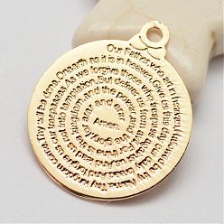 Golden Brass Pendants, Long-Lasting Plated, Flat Round, with Word, Saying Charms, Golden, 18.5x15x0.5mm, Hole: 1.5mm